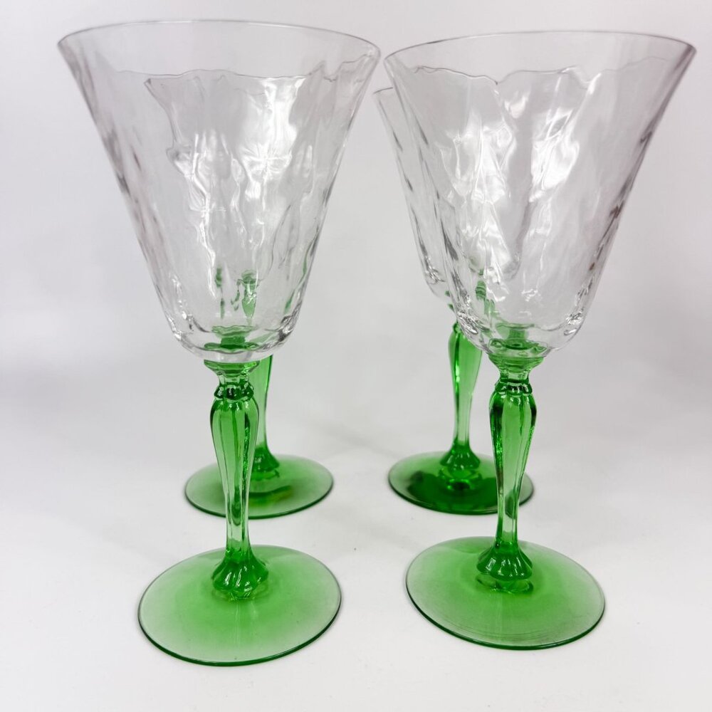 Fostoria Glass 6004 Uranium Green Stem Loop Optic Clear Water Goblets Set of 4 - Picture 5 of 6